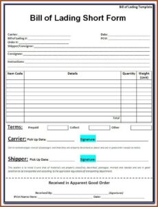 Template Bill Of Lading Short Form