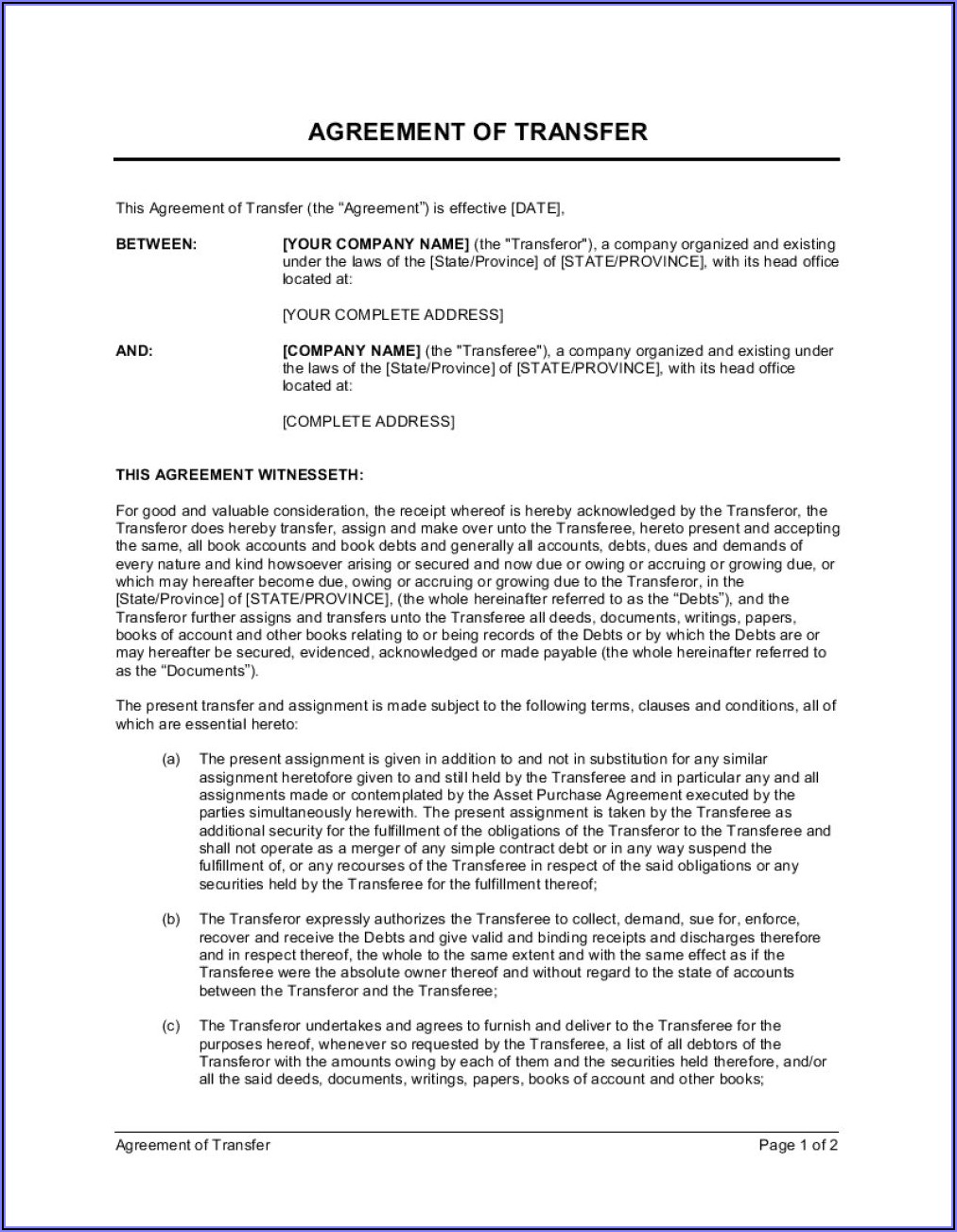 Transfer Pricing Agreement Template