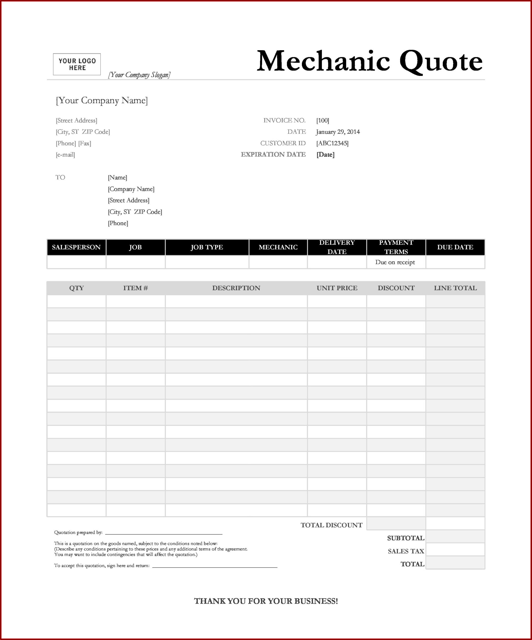 Blank Downloadable Free Printable Auto Repair Invoice Template