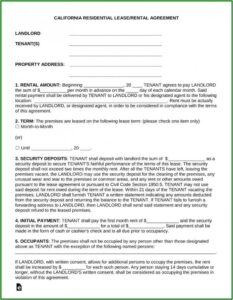 California Residential Lease Agreement Fillable