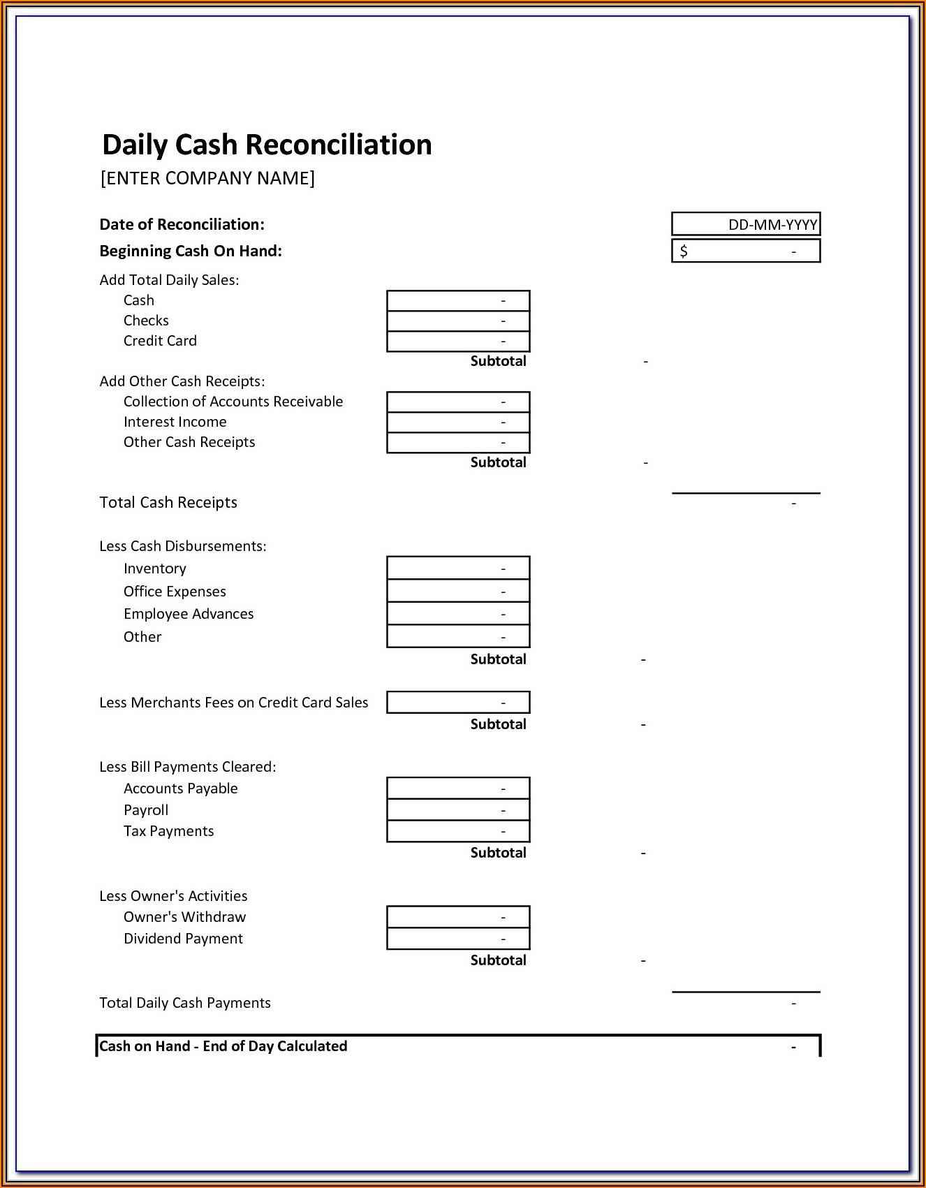 Cash Drawer Reconciliation Form Excel