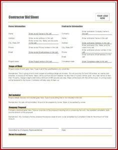 Contractor Bid Sheet Template