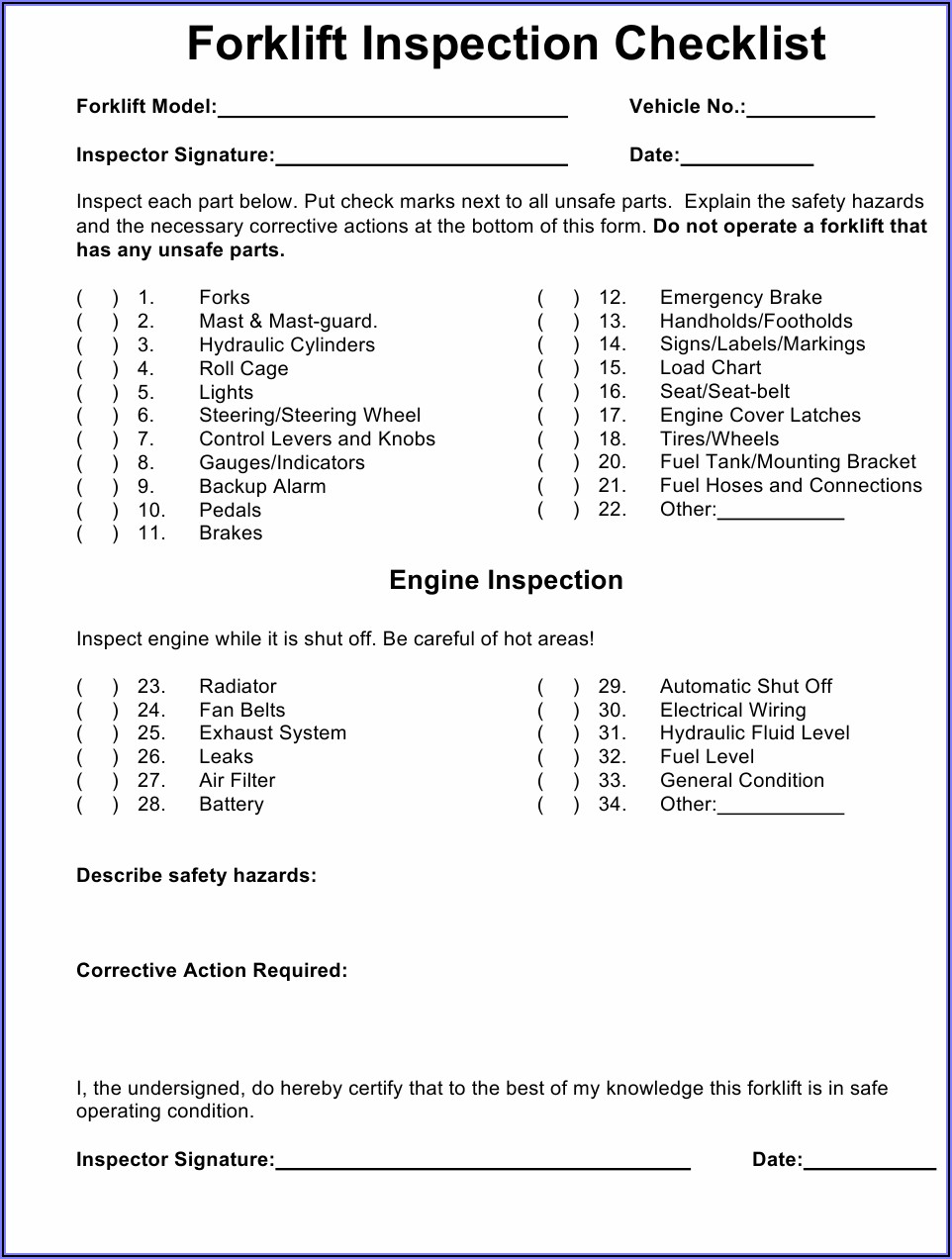 Forklift Inspection Checklist Template
