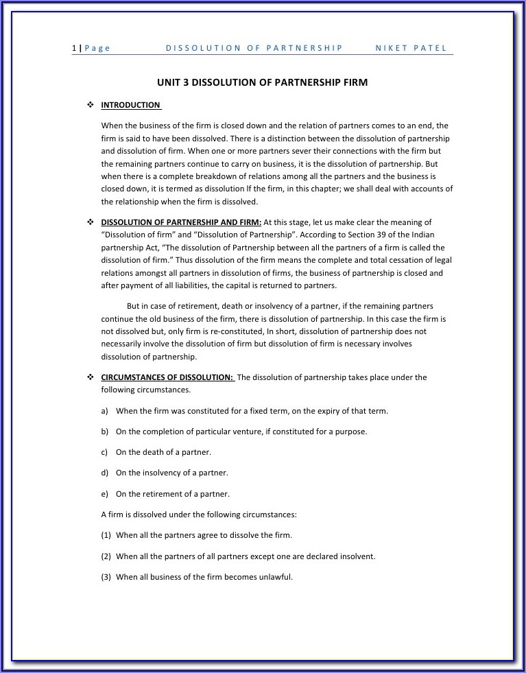 Form For Dissolution Of Partnership Firm