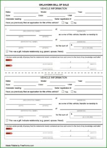 Free Blank Auto Bill Of Sale Form Oklahoma