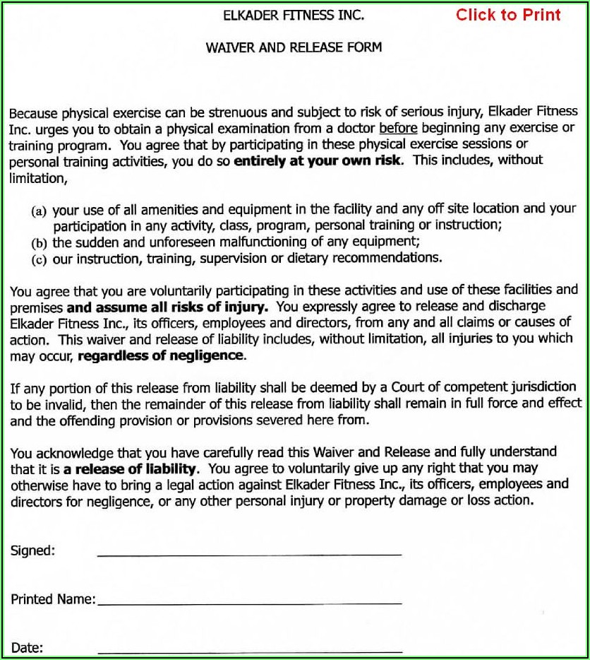 Free Liability Waiver For Personal Trainer