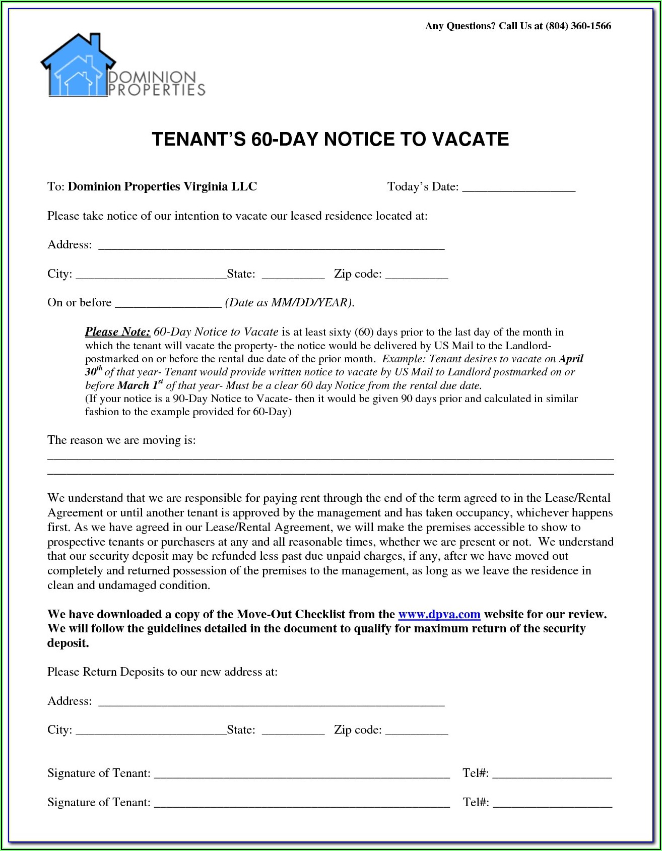 Landlord 30 Day Notice To Vacate Form