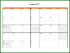 Large Print Calendar Template 2021