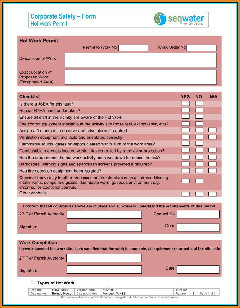 Osha Confined Space Entry Permit Form
