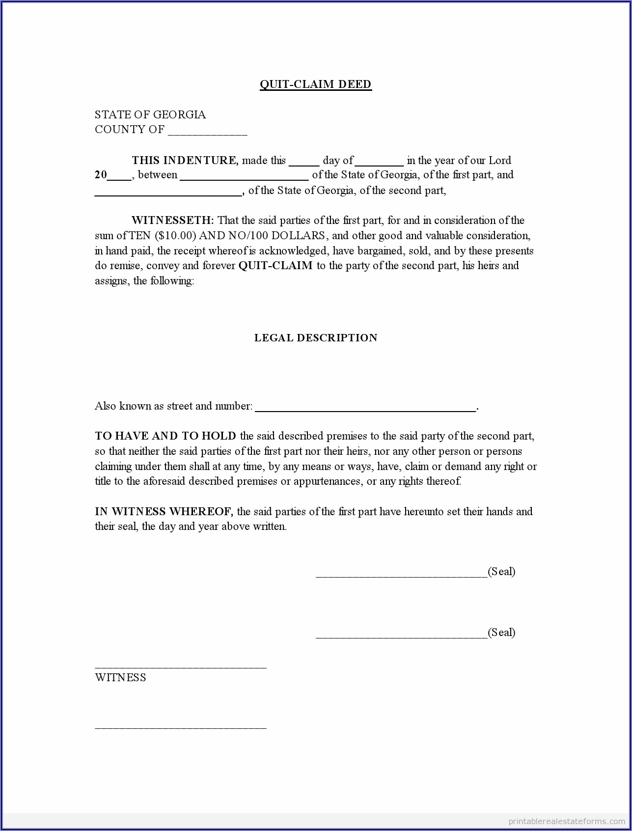 Real Estate Quit Claim Deed Form