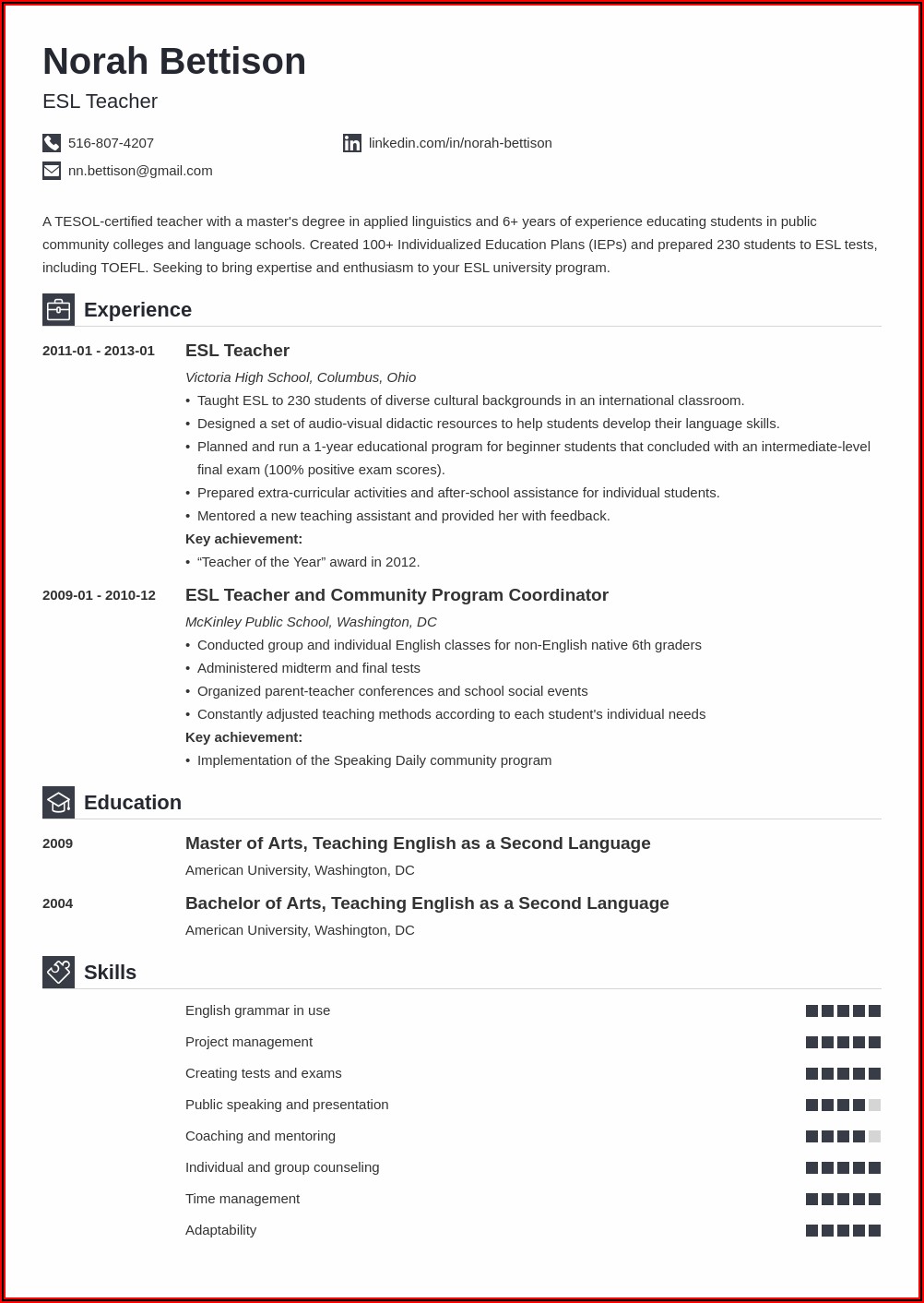 Resume Example For Teaching Position