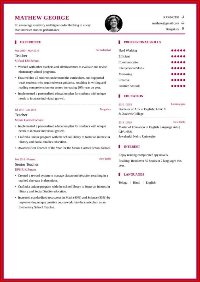 Resume Templates For Education Jobs