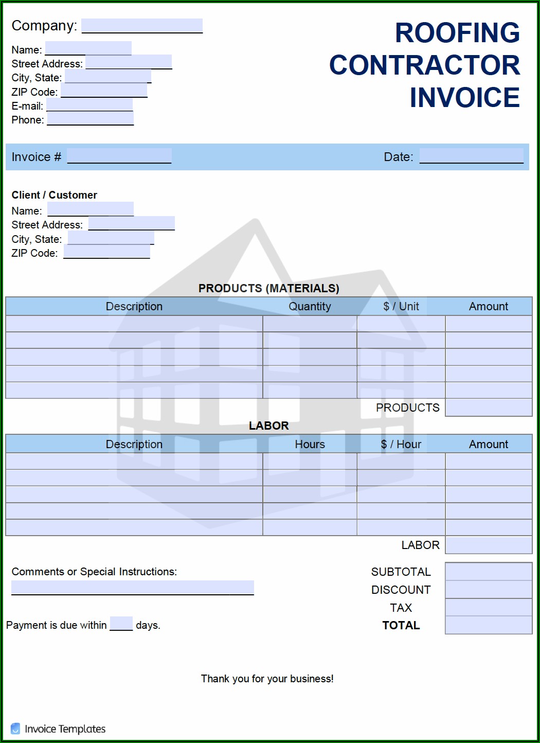 Roofing Invoice Template Excel