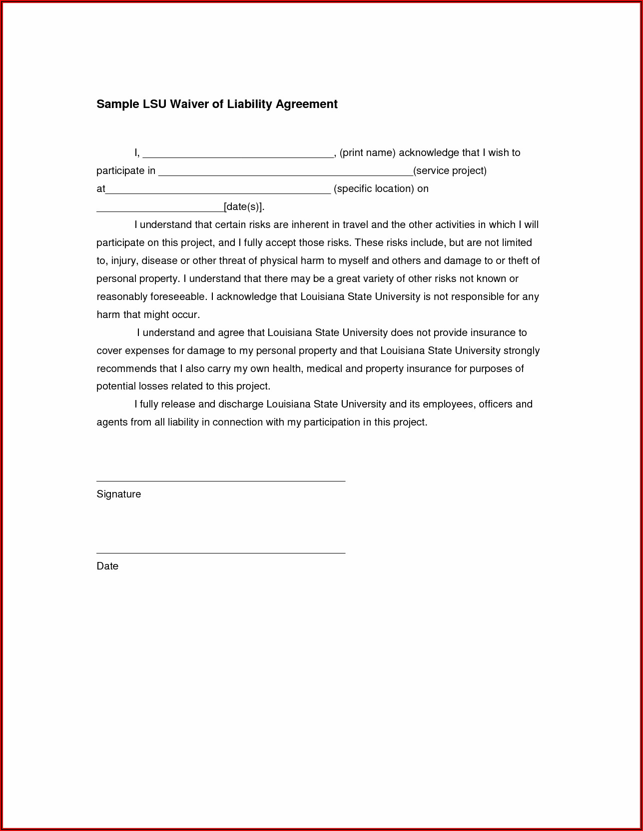 Simple Release Of Liability Waiver Template
