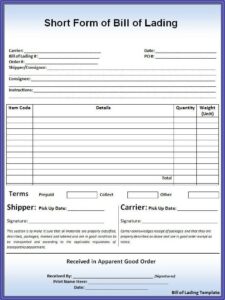 Standard Form Bill Of Lading