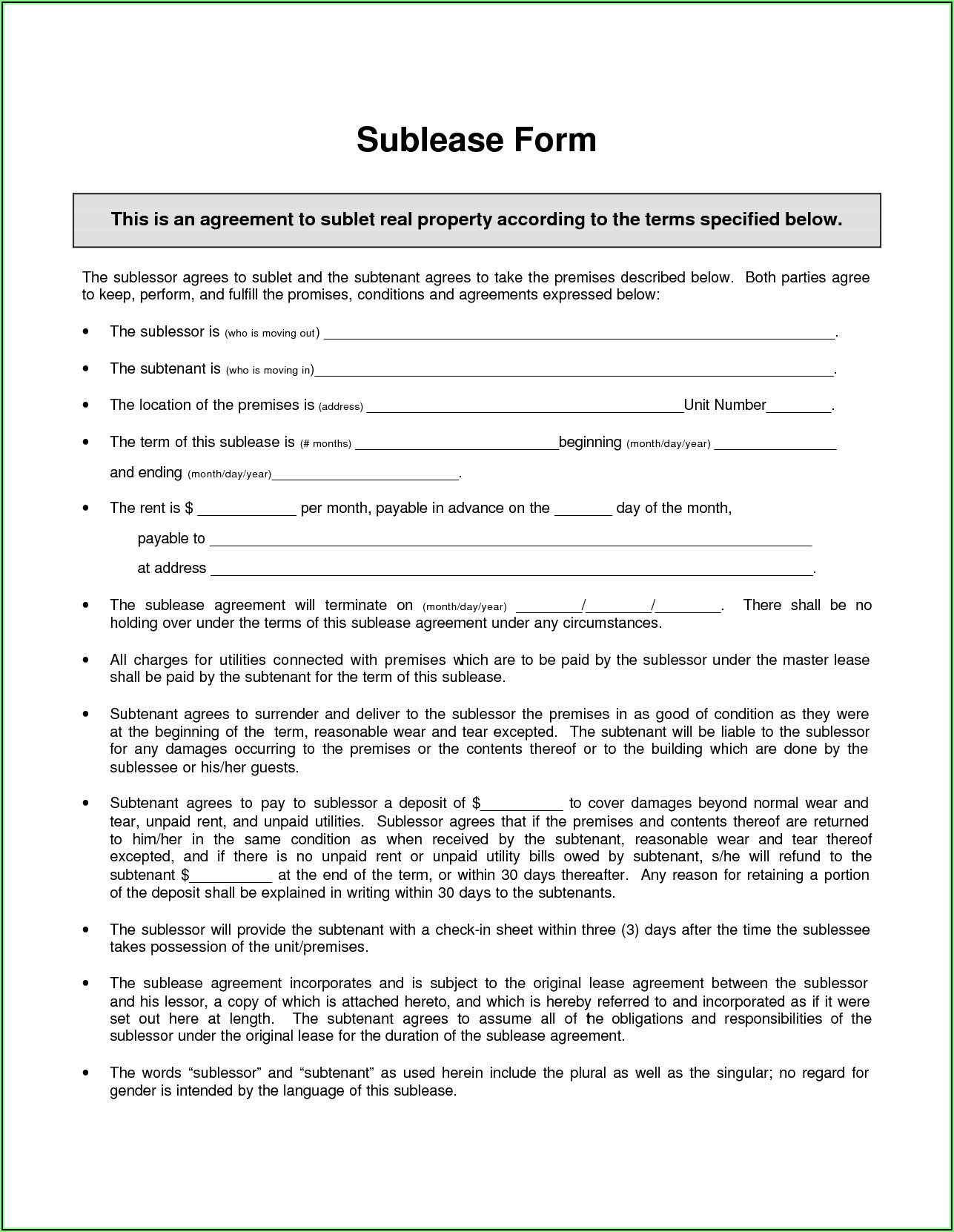 Sublease Rental Agreement Format India