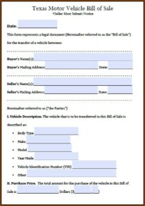 Texas Automobile Bill Of Sale Form Pdf