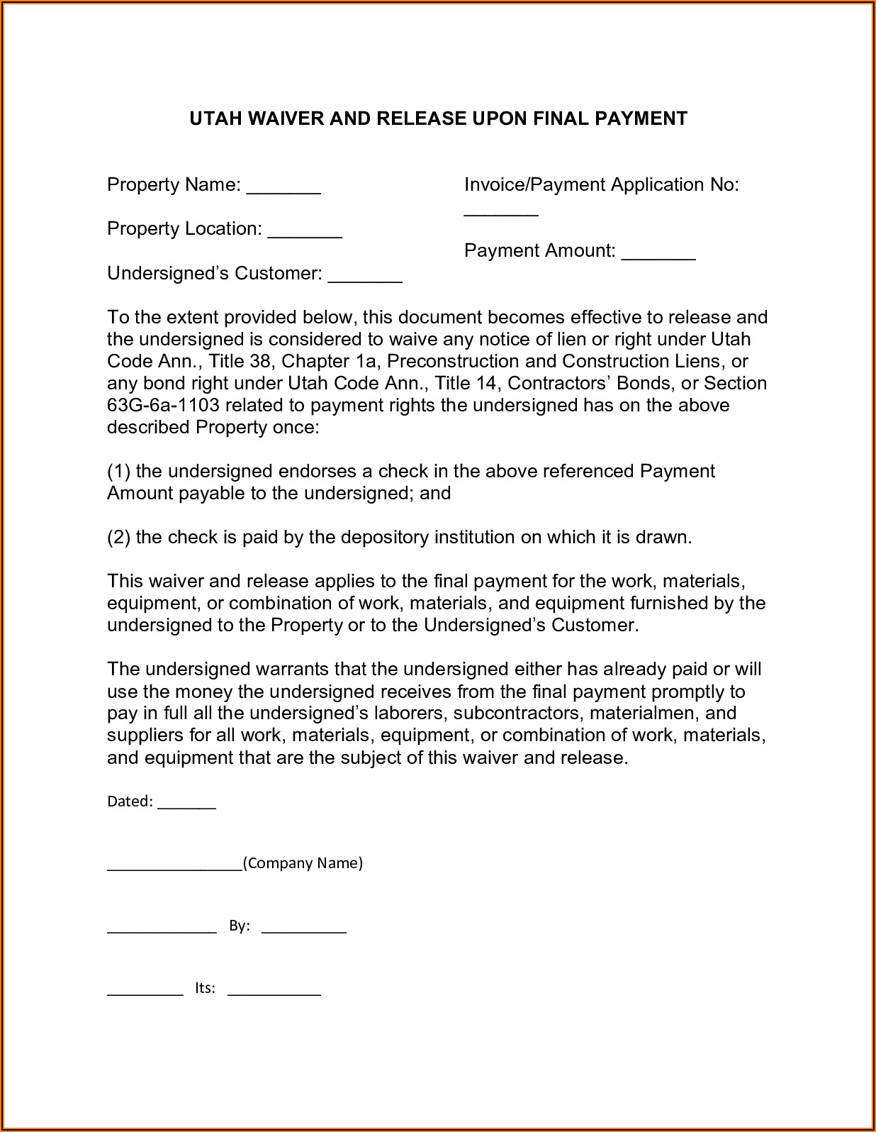 Utah Subcontractor Lien Release Form