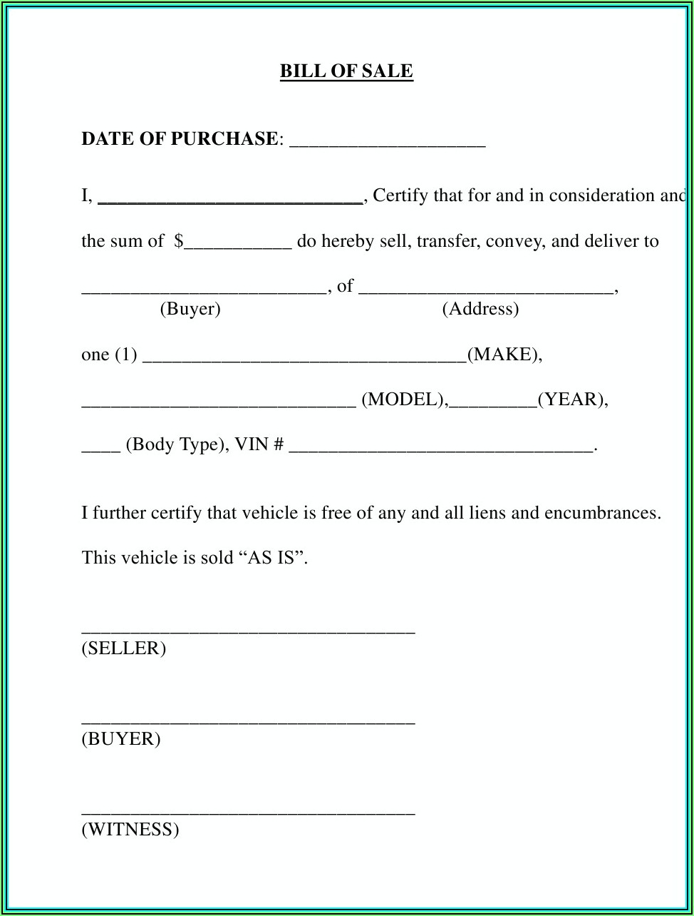 Vehicle Blank Bill Of Sale Form Nc