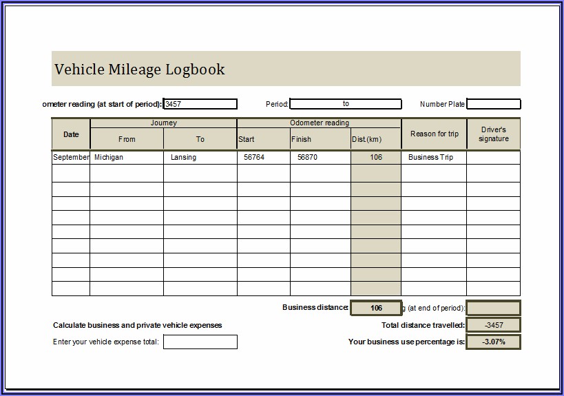 Vehicle Mileage Log Book Template