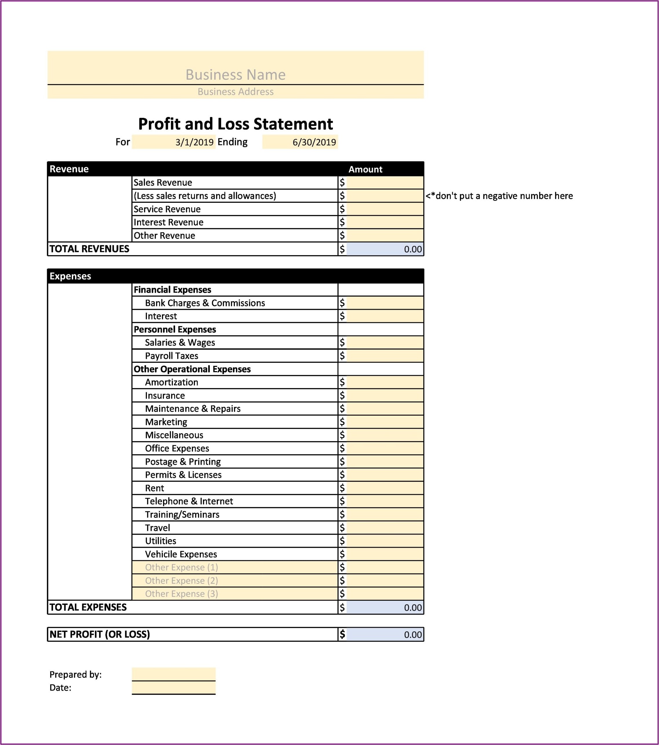 Year To Date Profit And Loss Statement Form