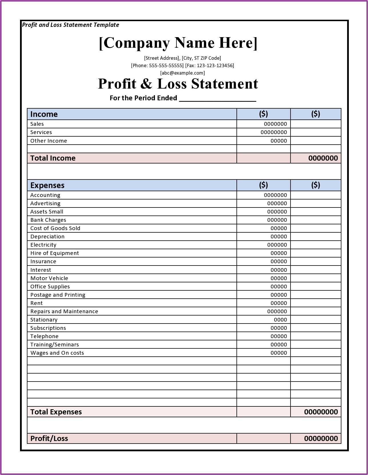 Ytd Profit And Loss Statement Template