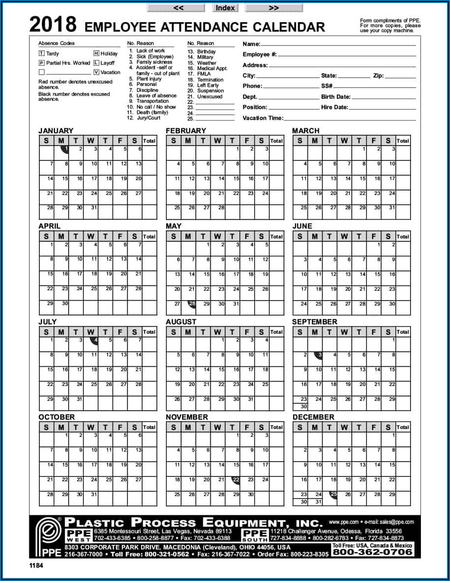 2019 Employee Attendance Calendar Template