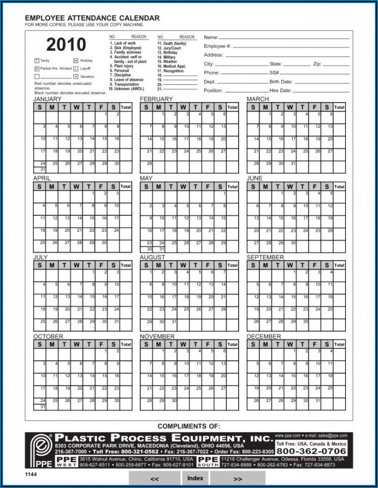 2020 Employee Attendance Calendar Printable Free