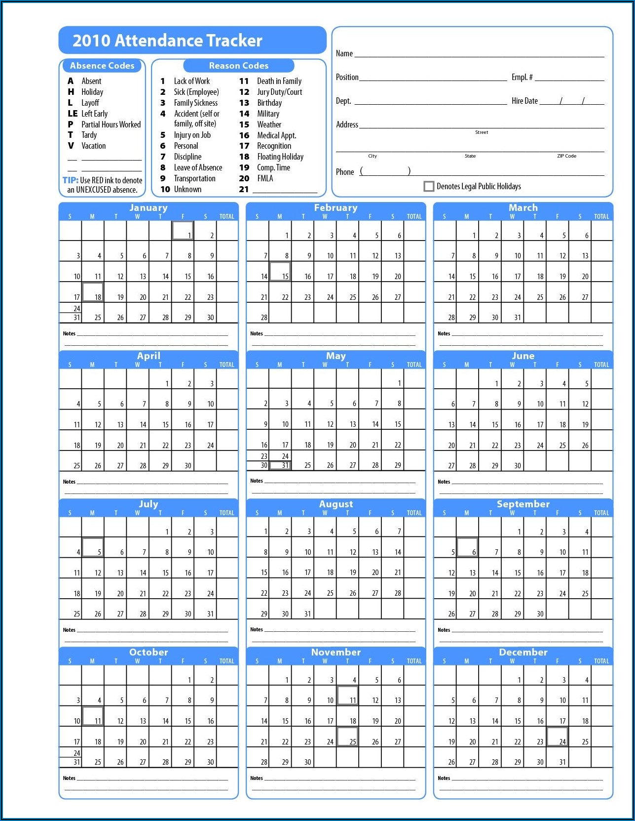 2020 Employee Attendance Calendar Printable