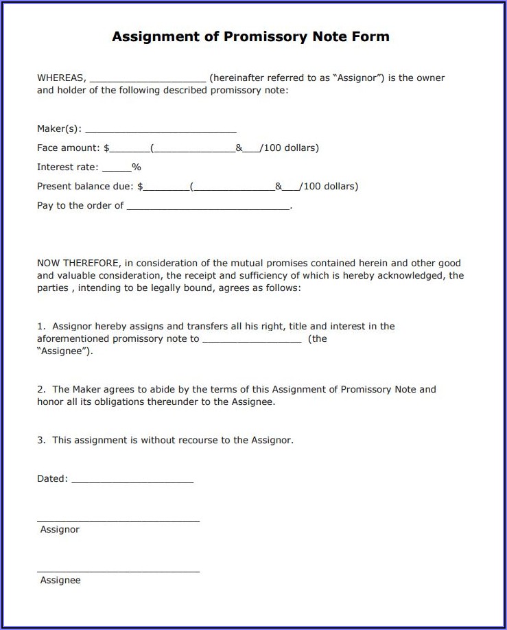 Assignment Of Promissory Note Form