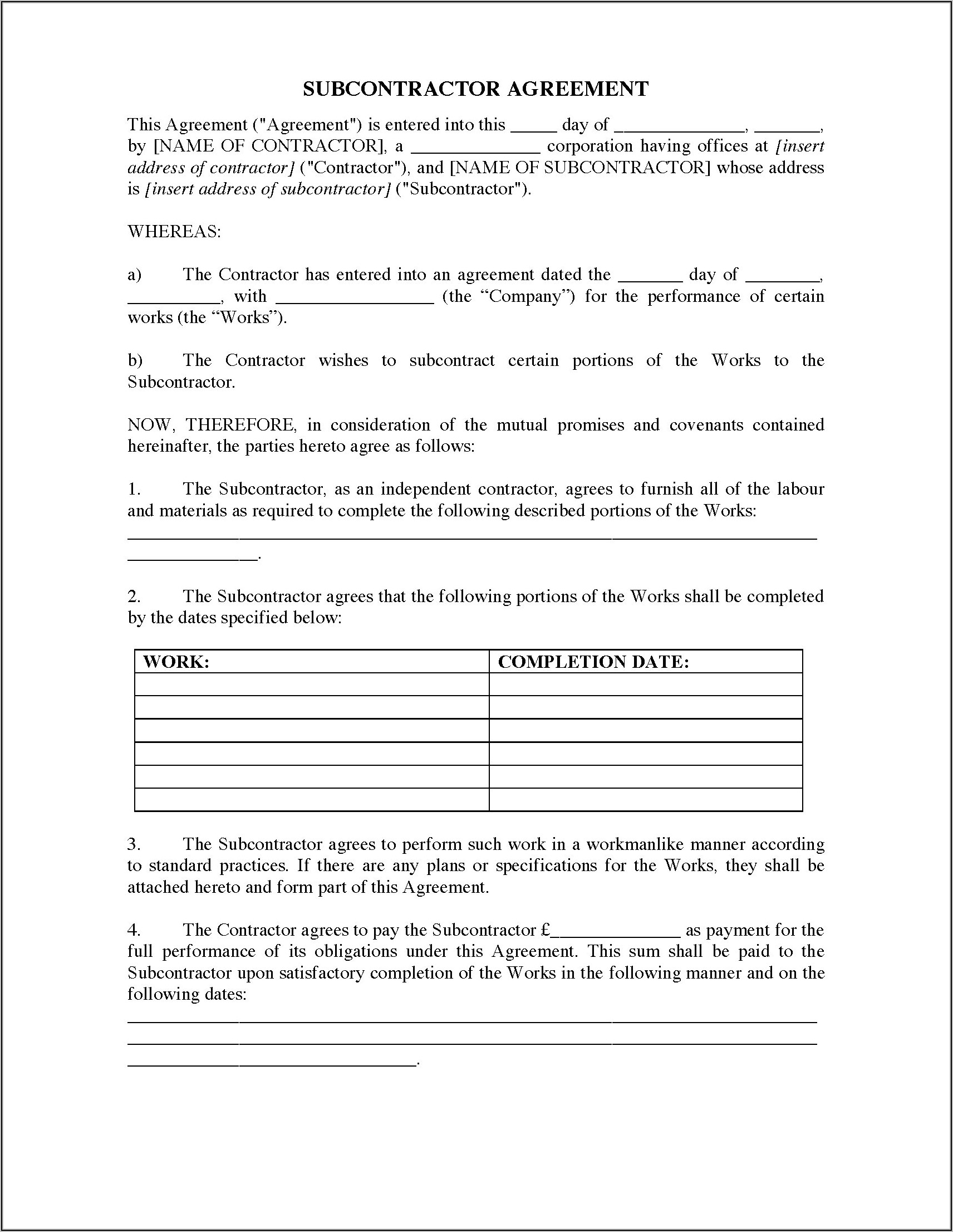Contract For Subcontractors Template Free Uk