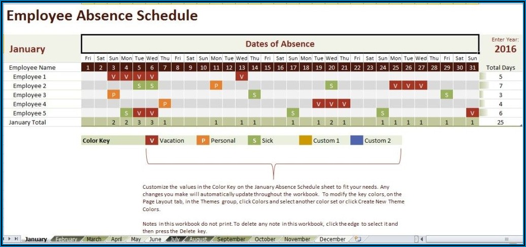 Employee Absence Calendar Template