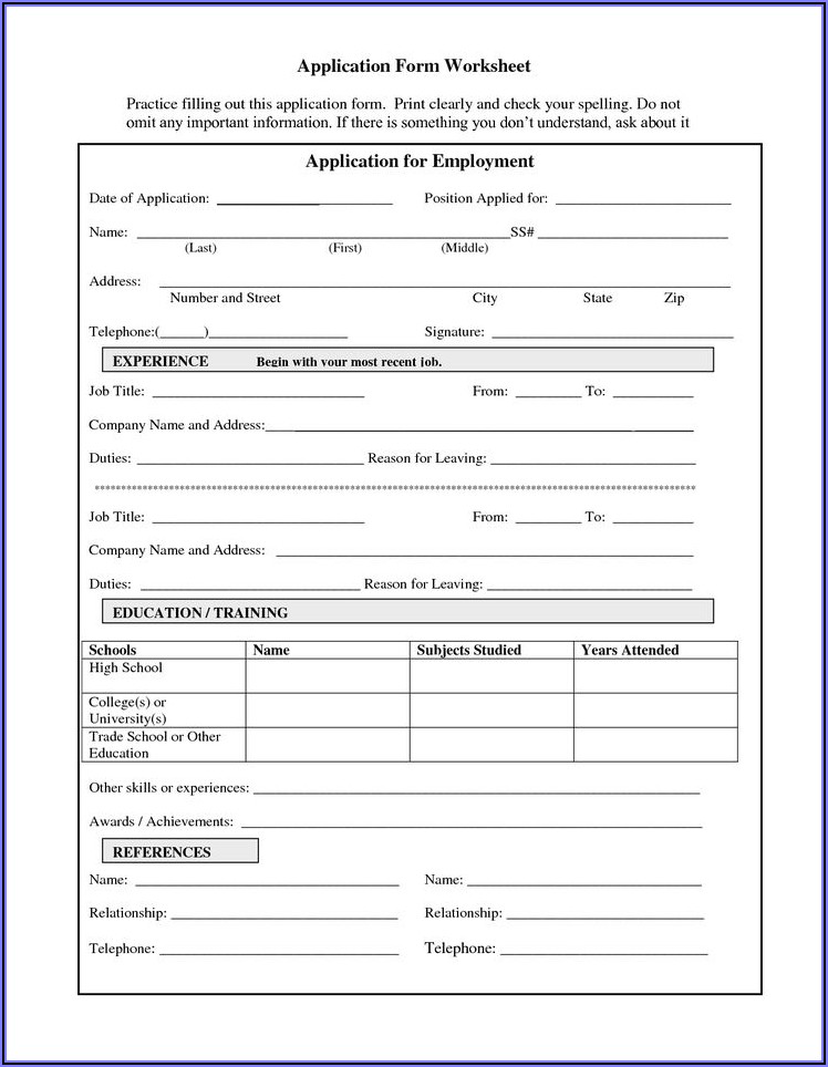 Employment Printable Job Application Form