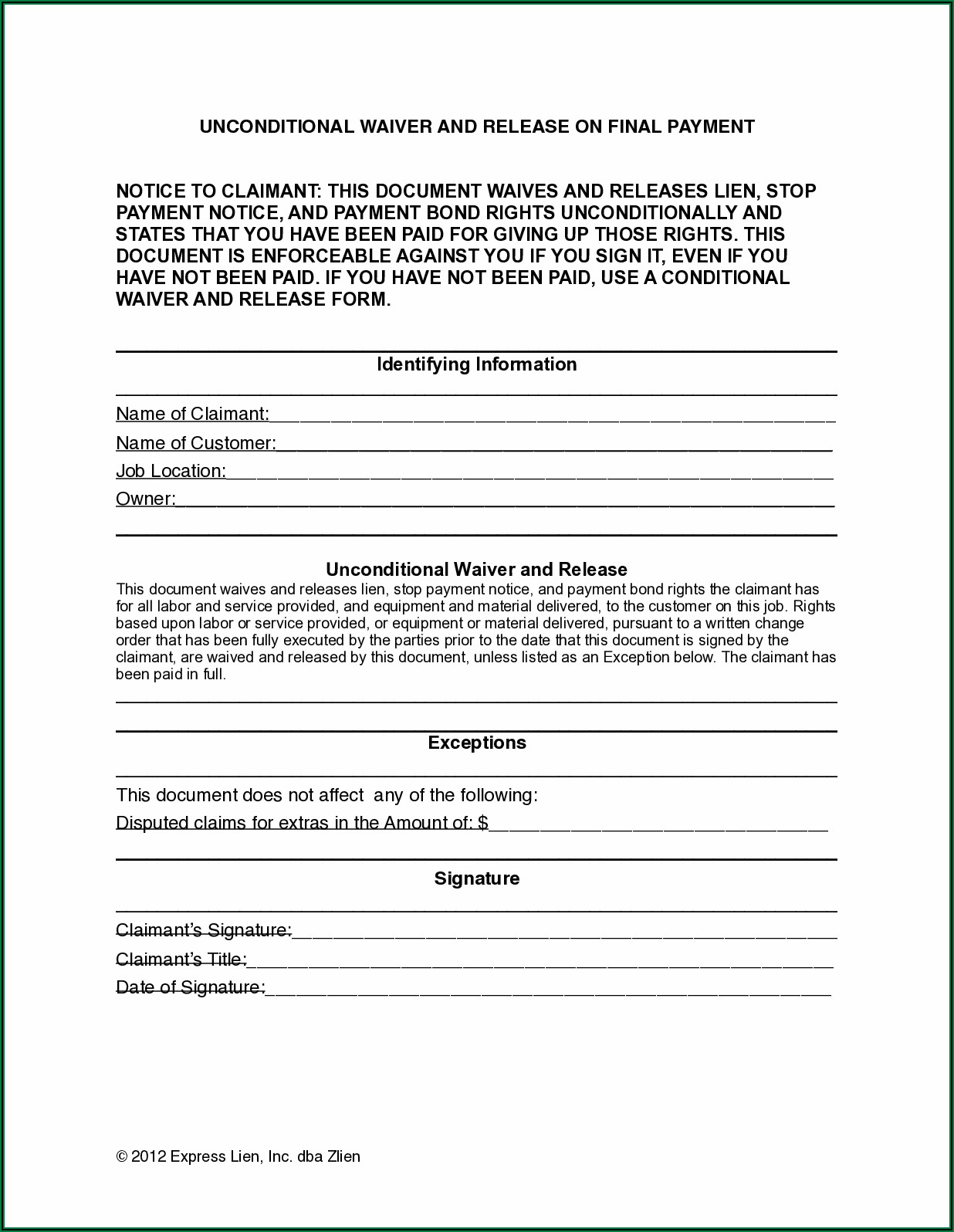 Free Lien Waiver Form Ohio