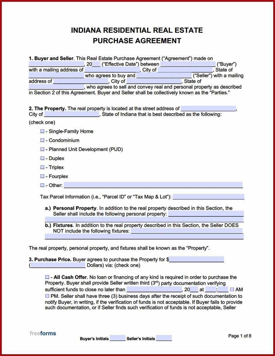 Free Printable Real Estate Purchase Agreement Form Indiana