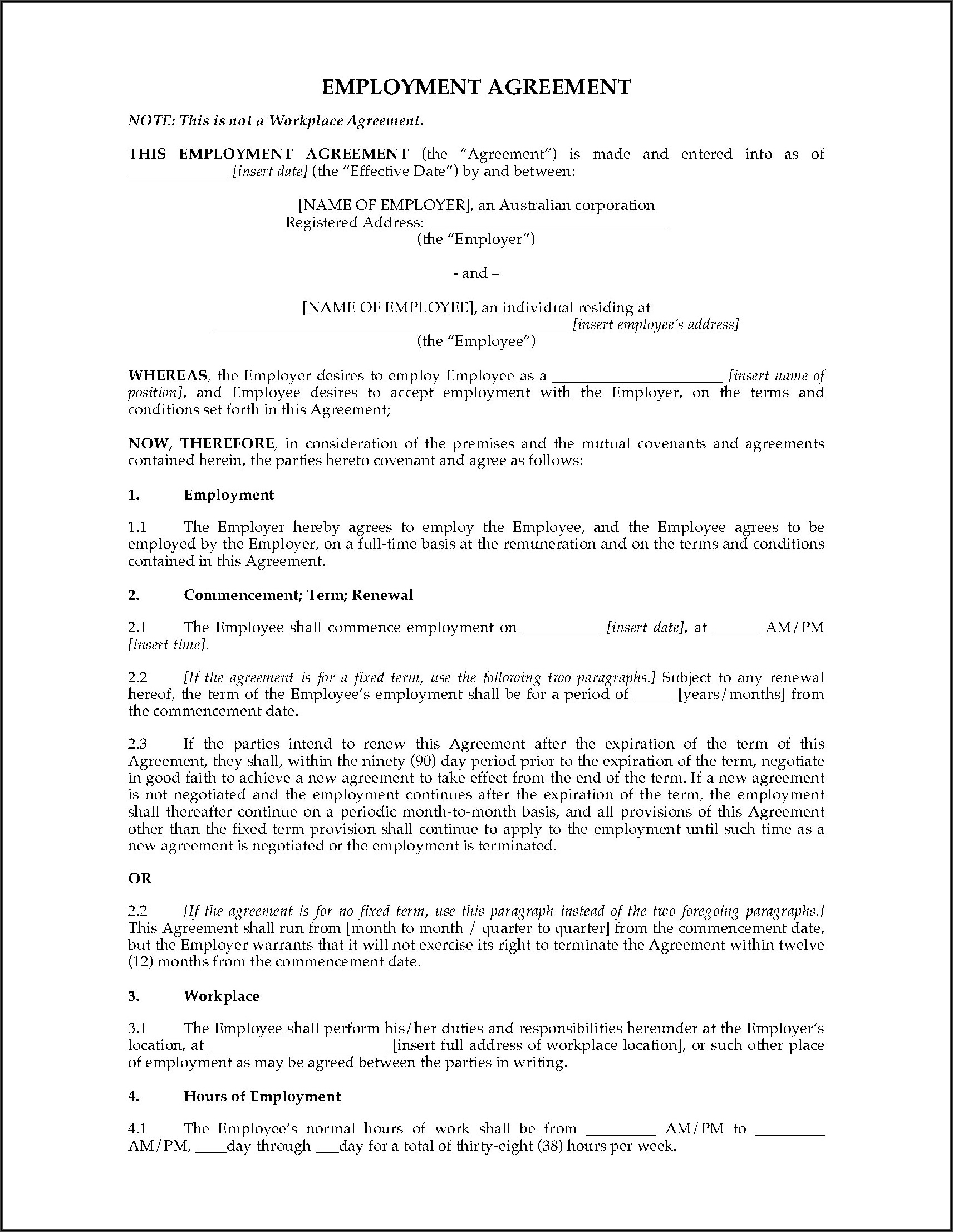 Full Time Employment Contract Template Australia