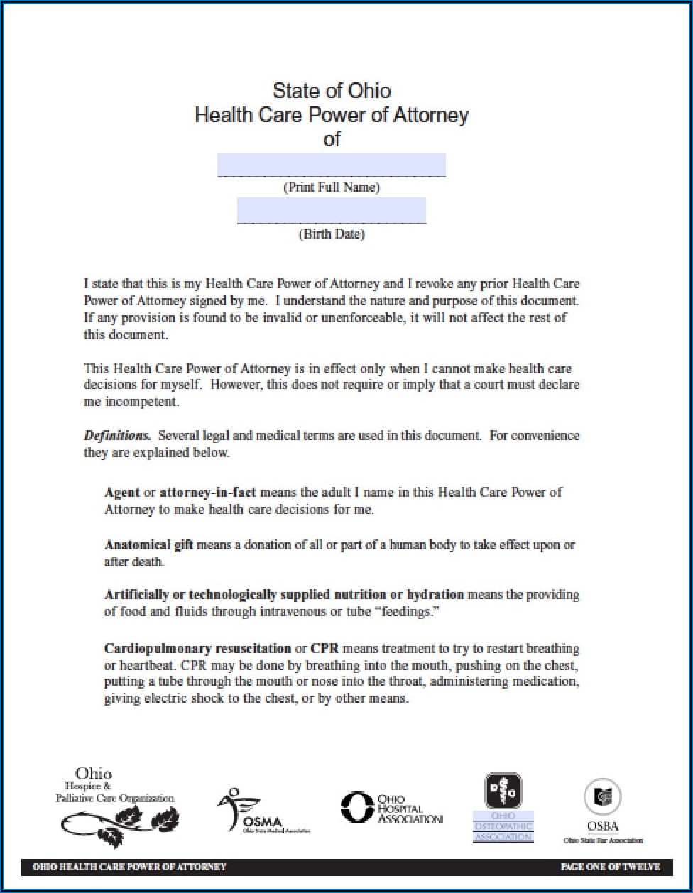 Health Care Power Of Attorney Forms Ohio