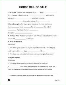 Horse Bill Of Sale Form Simple