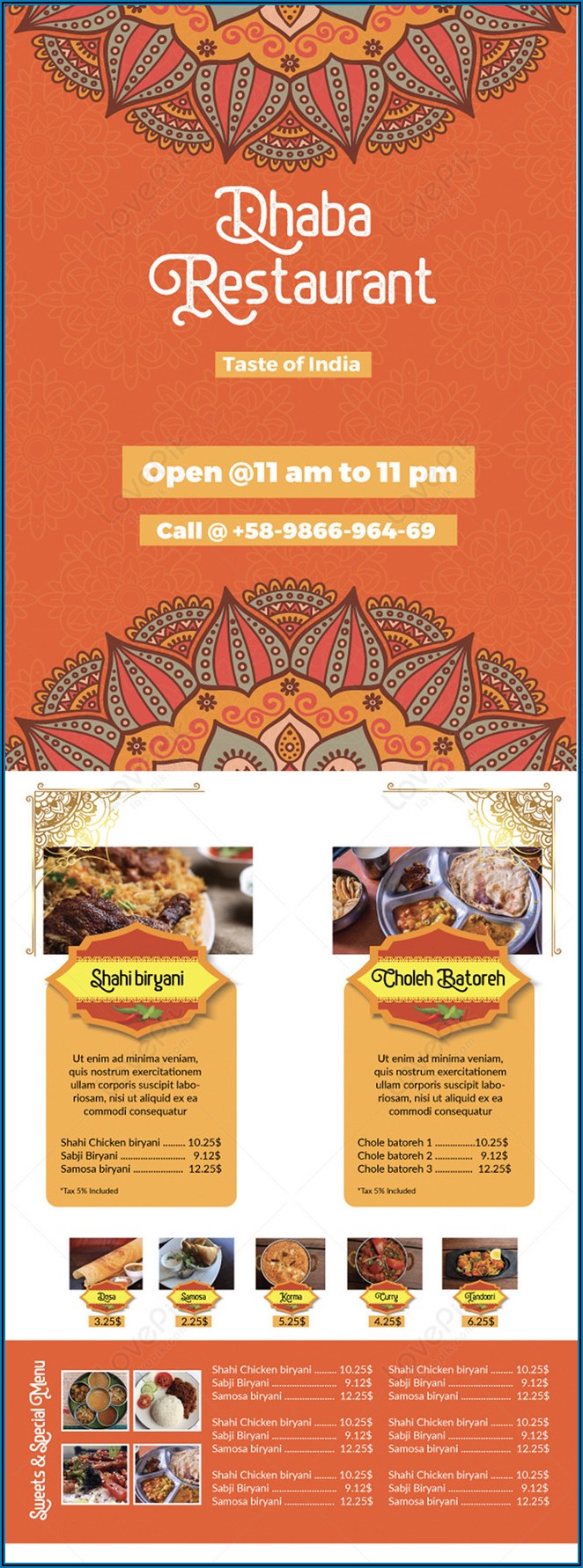 Indian Restaurant Menu Template Free Download