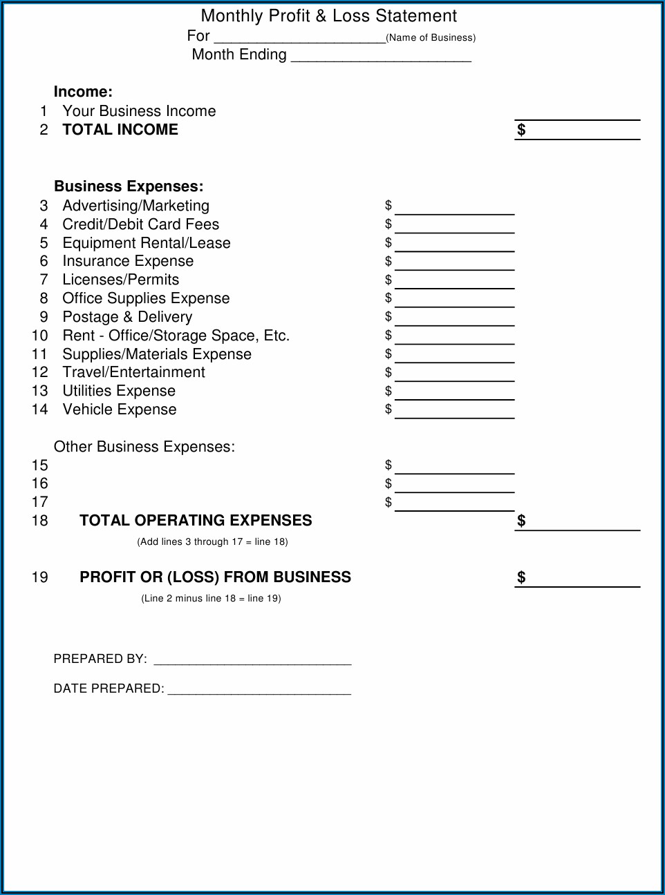 Monthly Profit And Loss Template Pdf