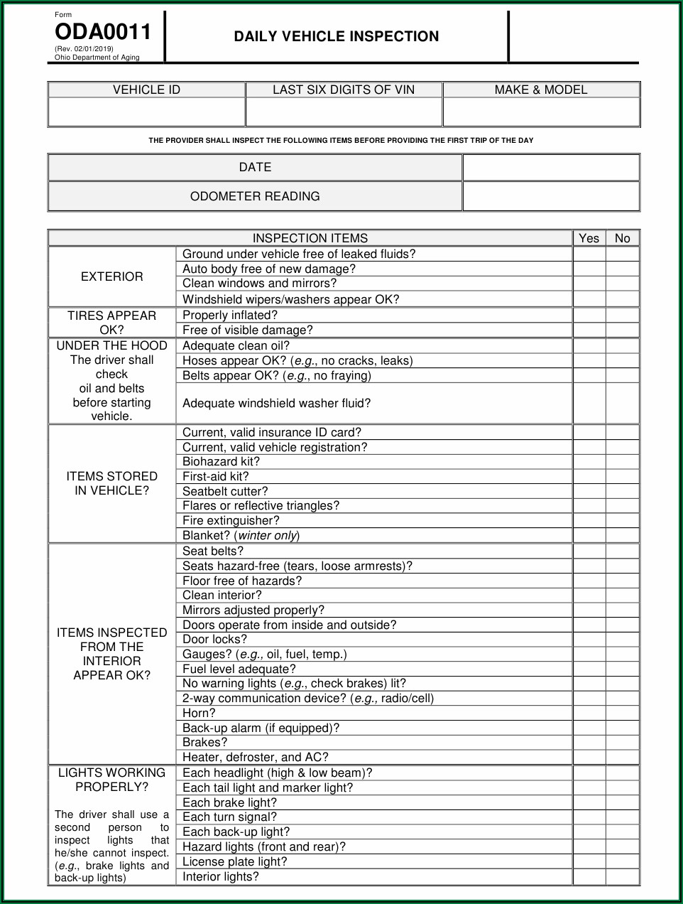 Motor Vehicle Safety Inspection Form
