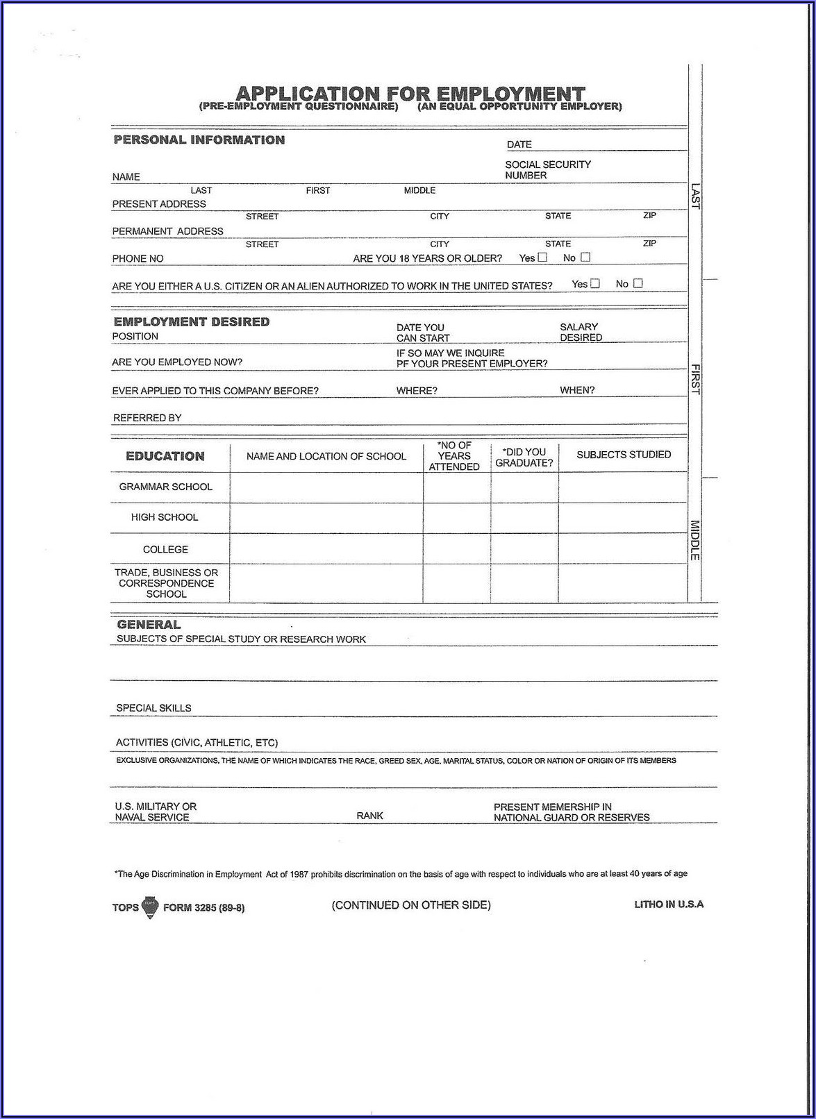 Printable Employment Application Forms