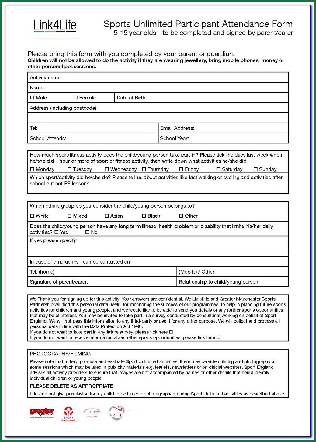 Printable Sports Registration Form Template