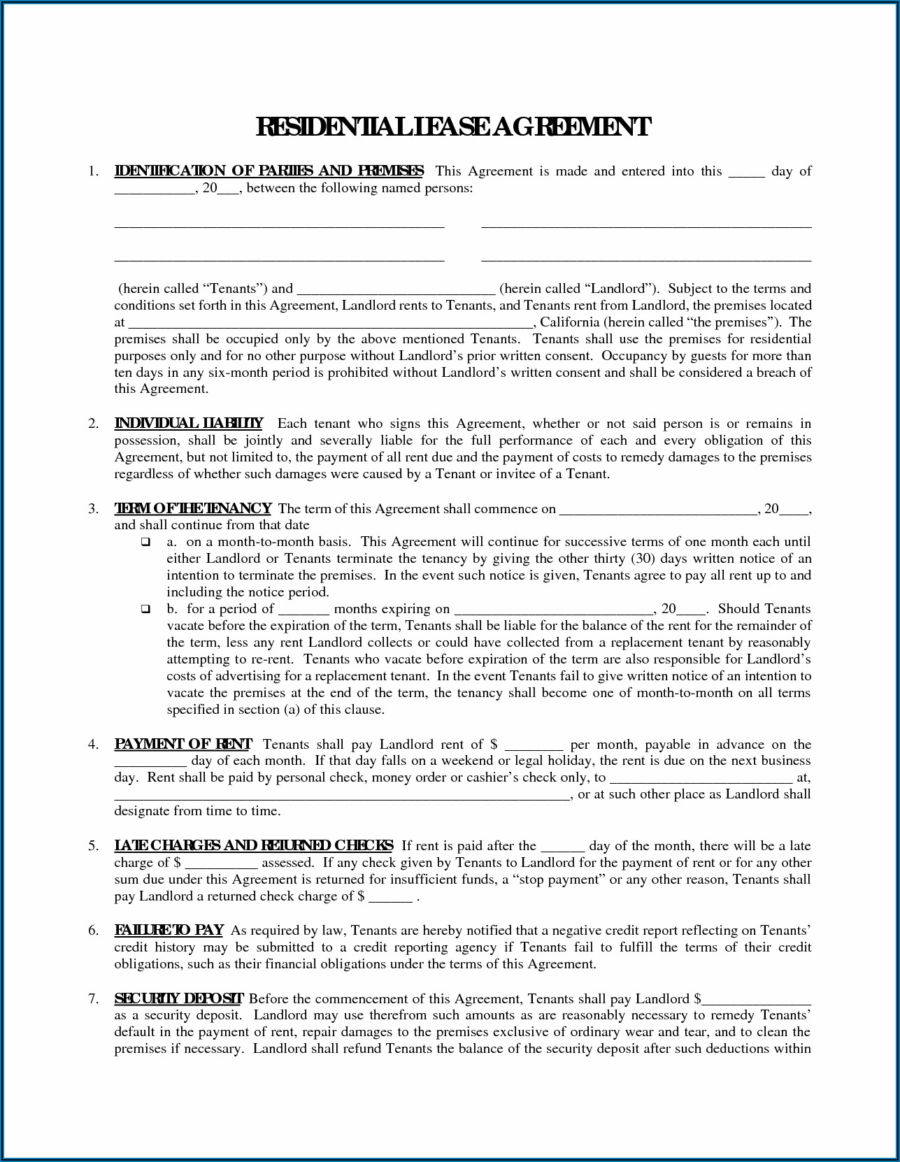 Residential Lease Agreement Printable Free