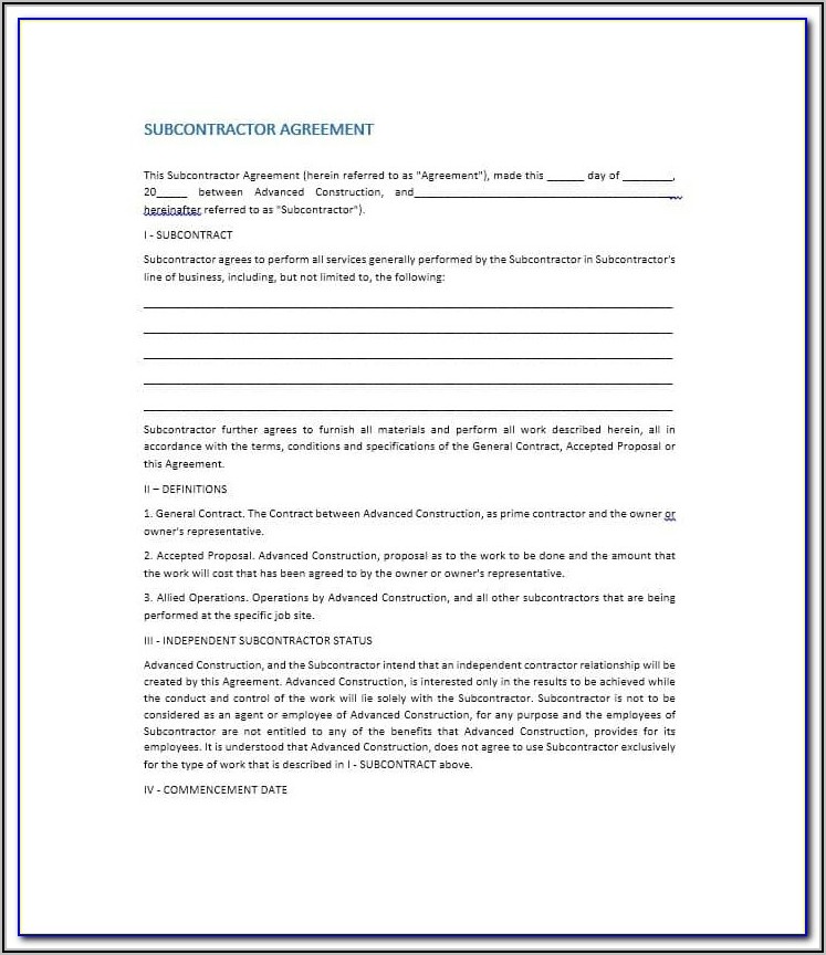 Subcontractor Contract Template Uk Free