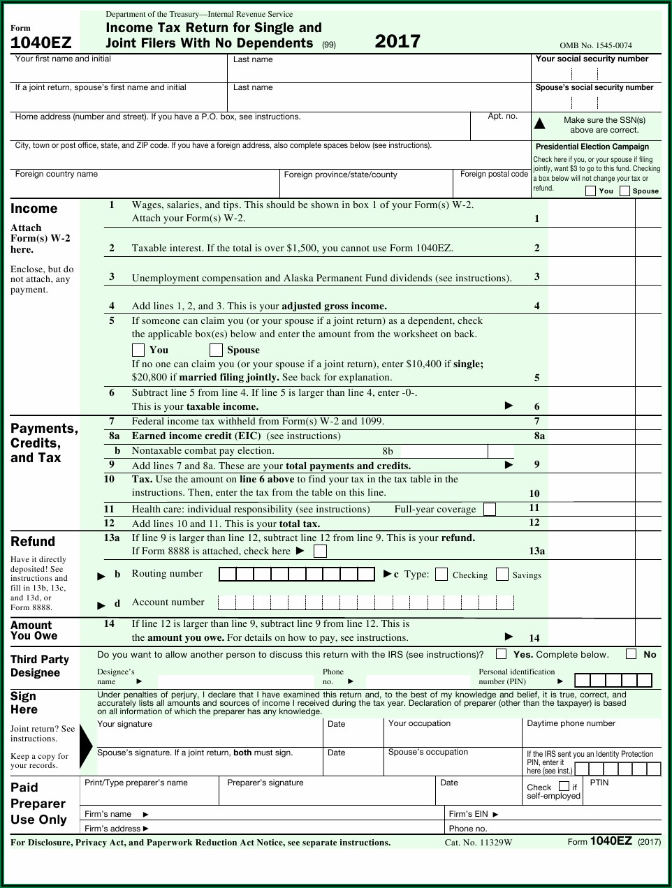 Tax Return Form 1040ez