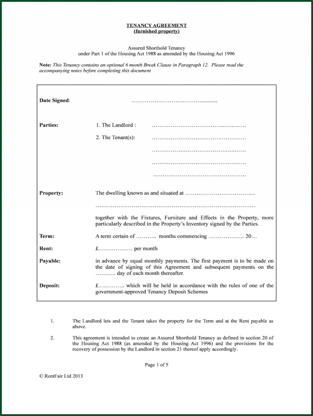 Tenancy Agreement Form Free Download