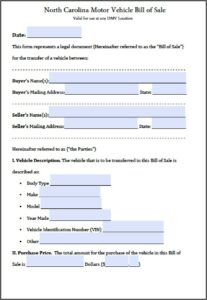 Used Car Bill Of Sale Template Nc