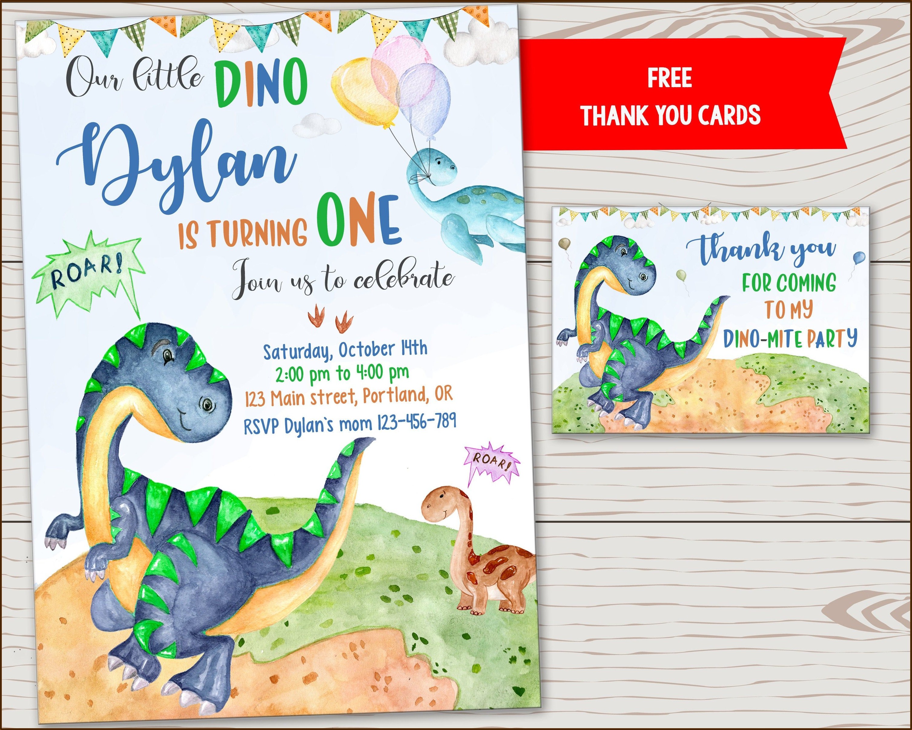 Dinosaur Themed First Birthday Invitations
