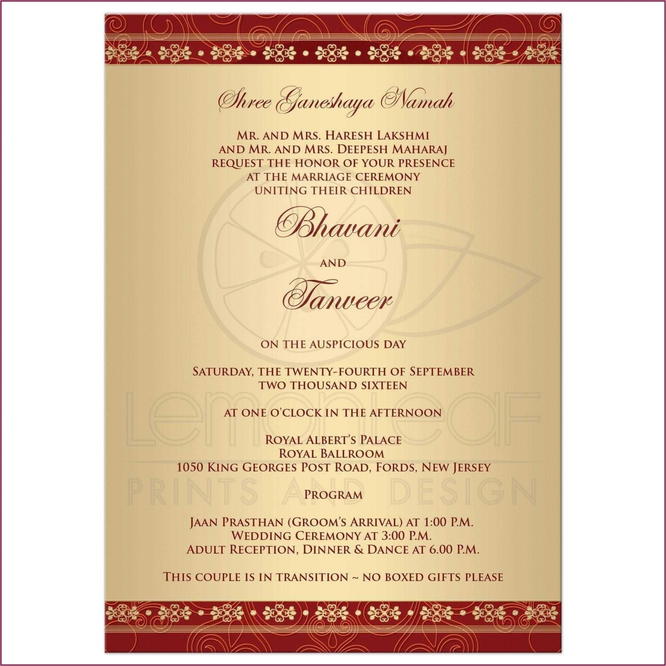 Marriage Invitation Wording Samples Indian